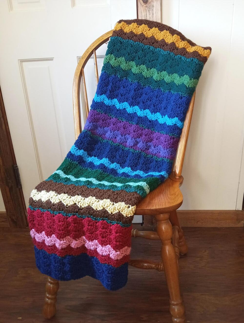 Vintage Crocheted Afghan, Throw Blanke Jewel Toned Stripes